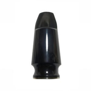 EMprofessional-grade soprano saxophone mouthpiece crafted from hard rubber (ebonite) with a distinct gold band at the base.High-gloss black finish and the gold ring.